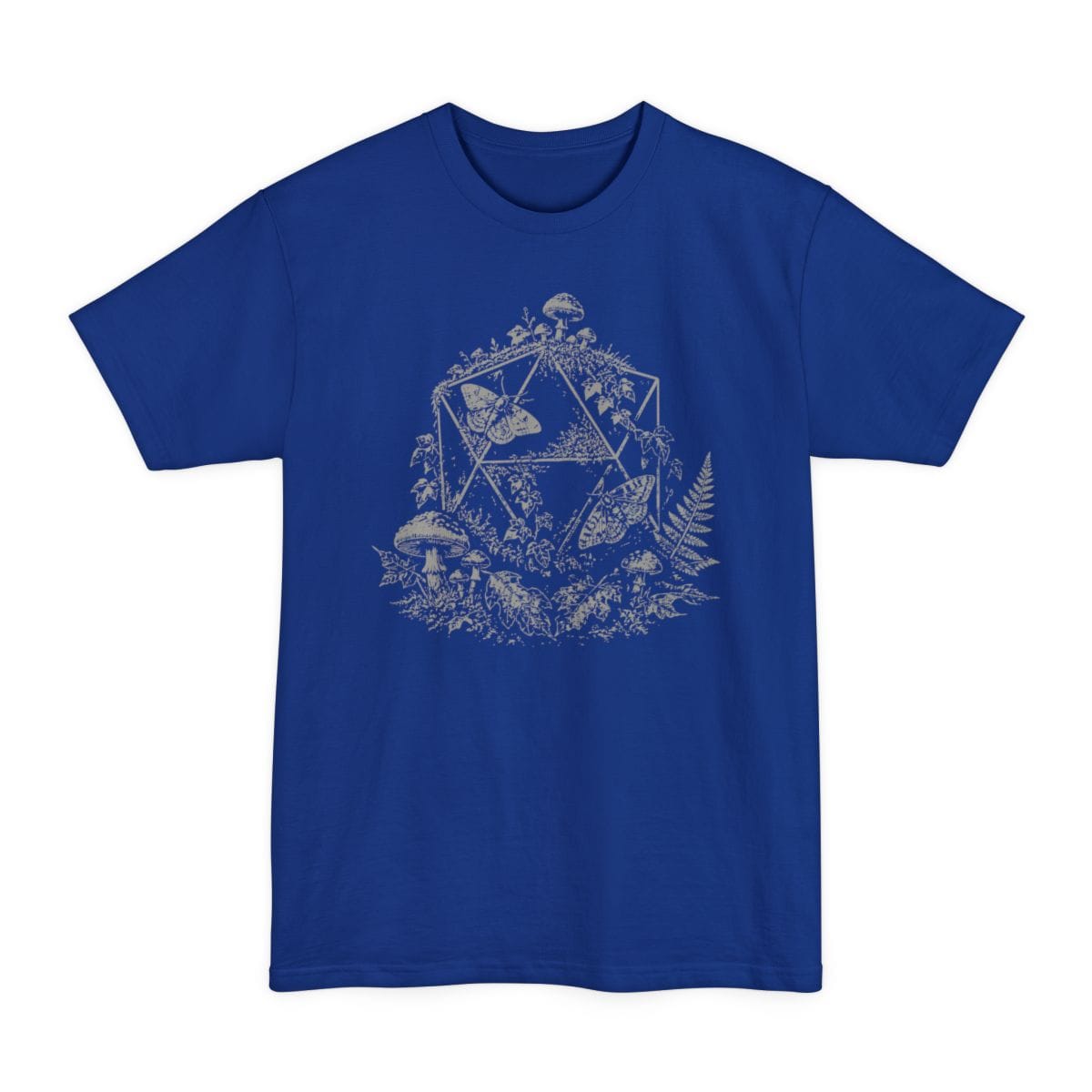 The same Goblincore D20 stipple design, on a deep royal tall t-shirt.