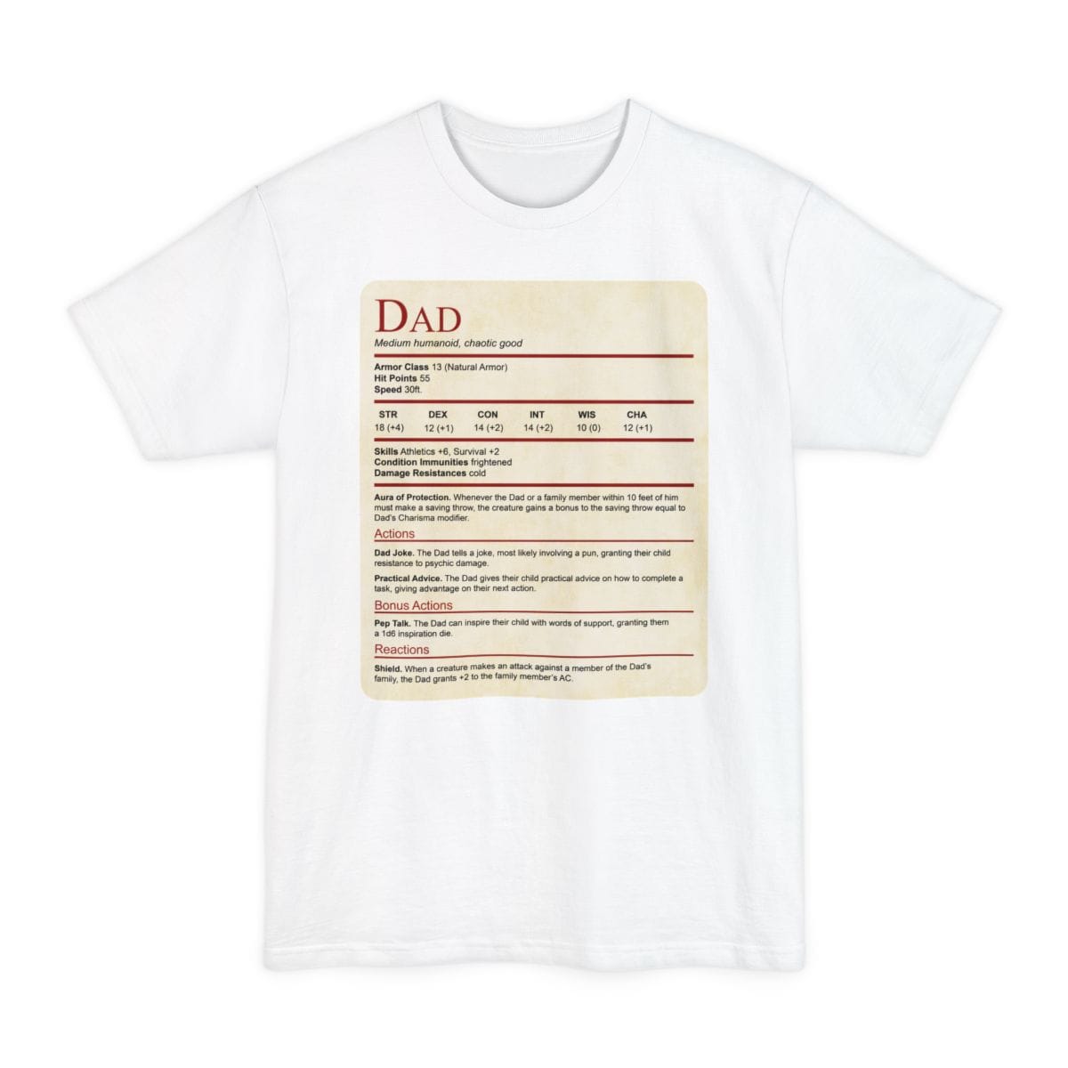 The same Dad stat block design, on a white tall t-shirt.
