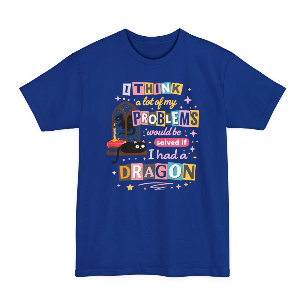 The same A Lot Of My Problems Dragon design, on a deep royal tall t-shirt.