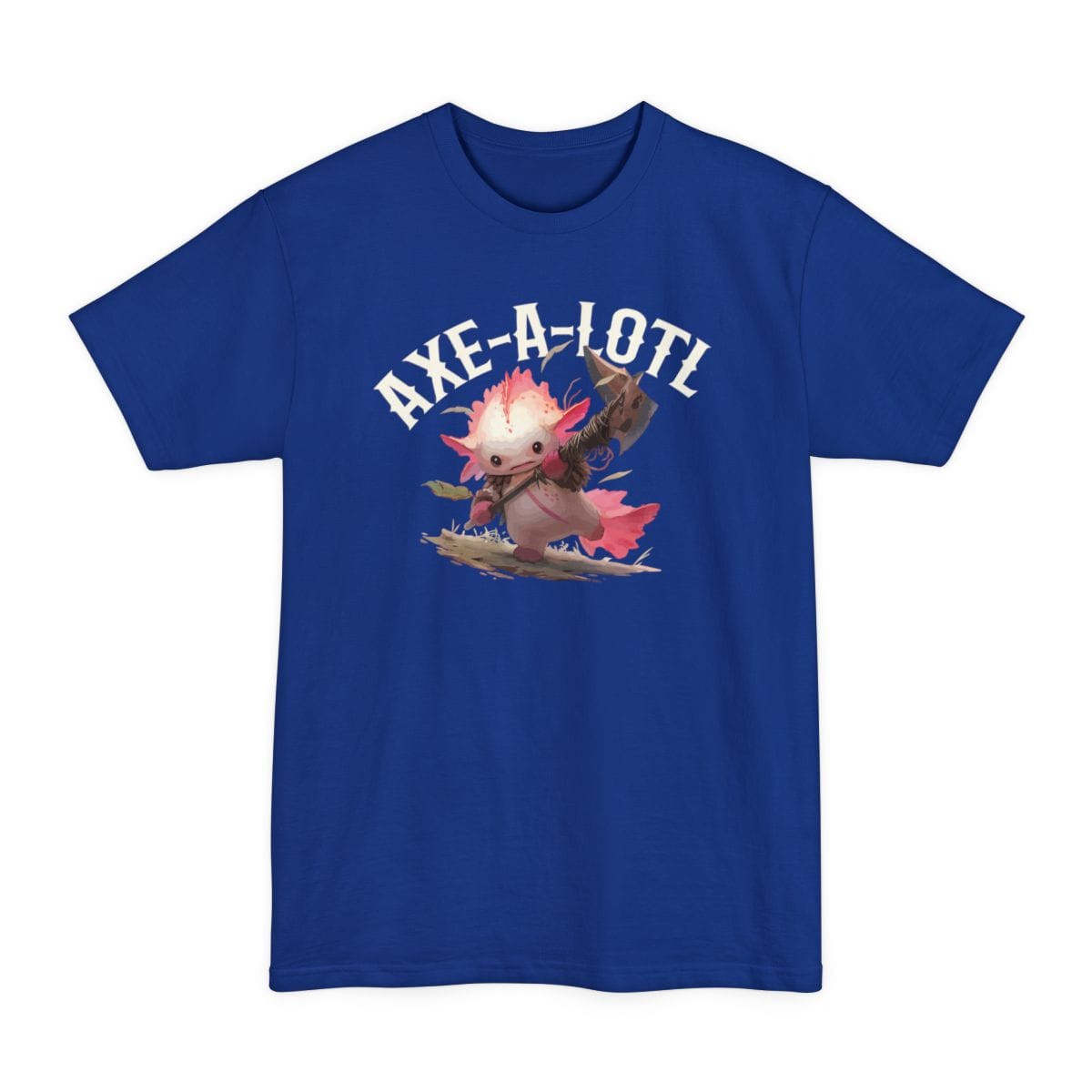 The same Axe-A-Lotl design, on a deep royal tall t-shirt.