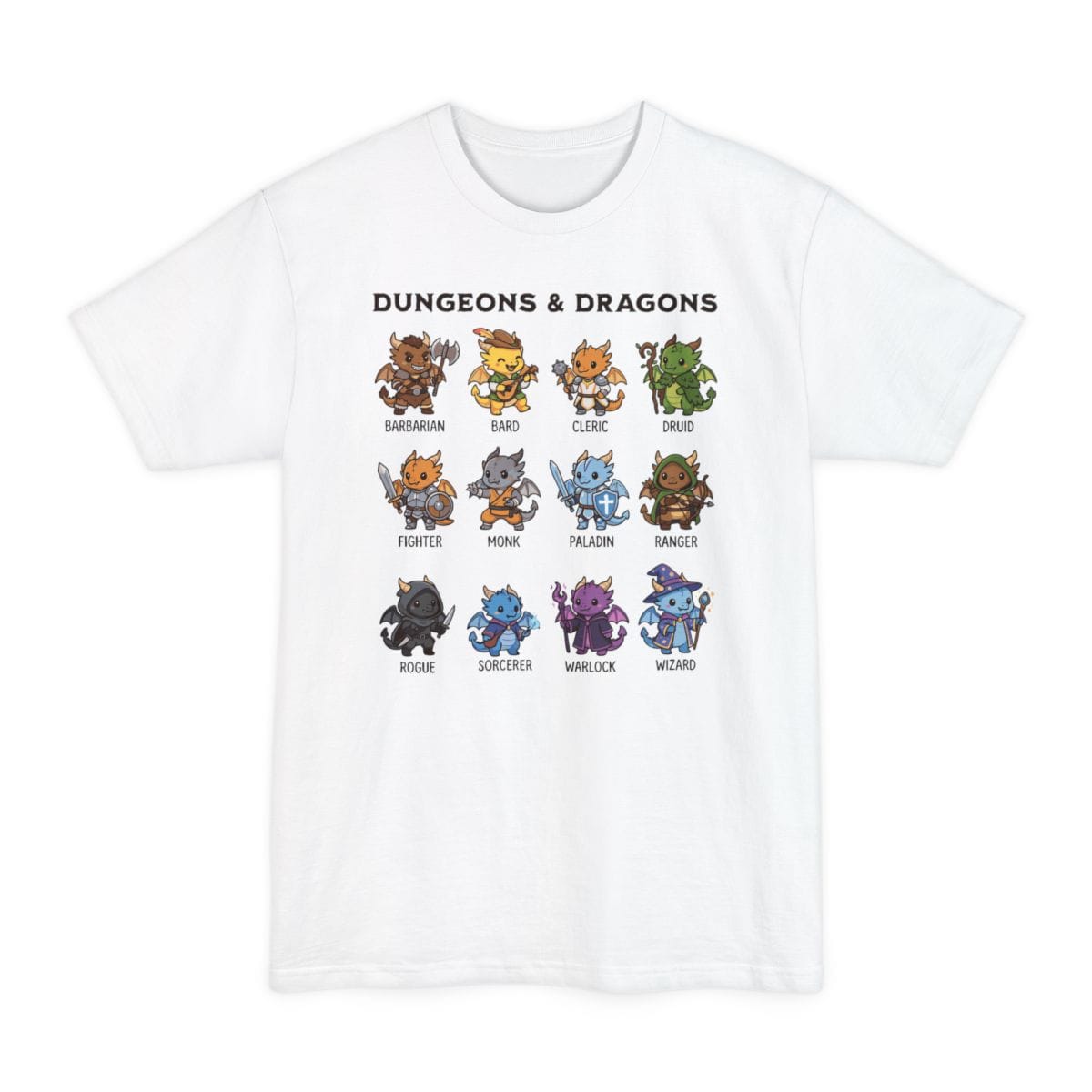 The same All Classes dragonfolk design, on a white tall t-shirt.