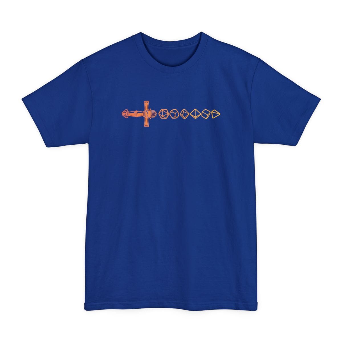 The same Dice sword line, orange design, on a deep royal tall t-shirt.