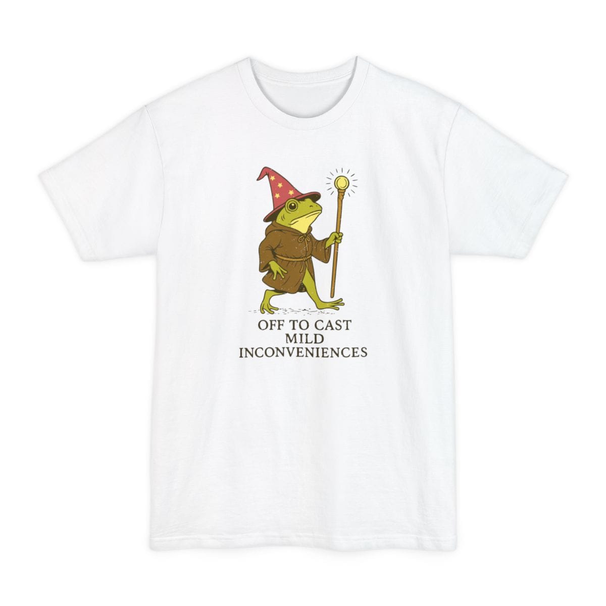 The same Off to Cast Mild Inconveniences frog design, on a white tall t-shirt.