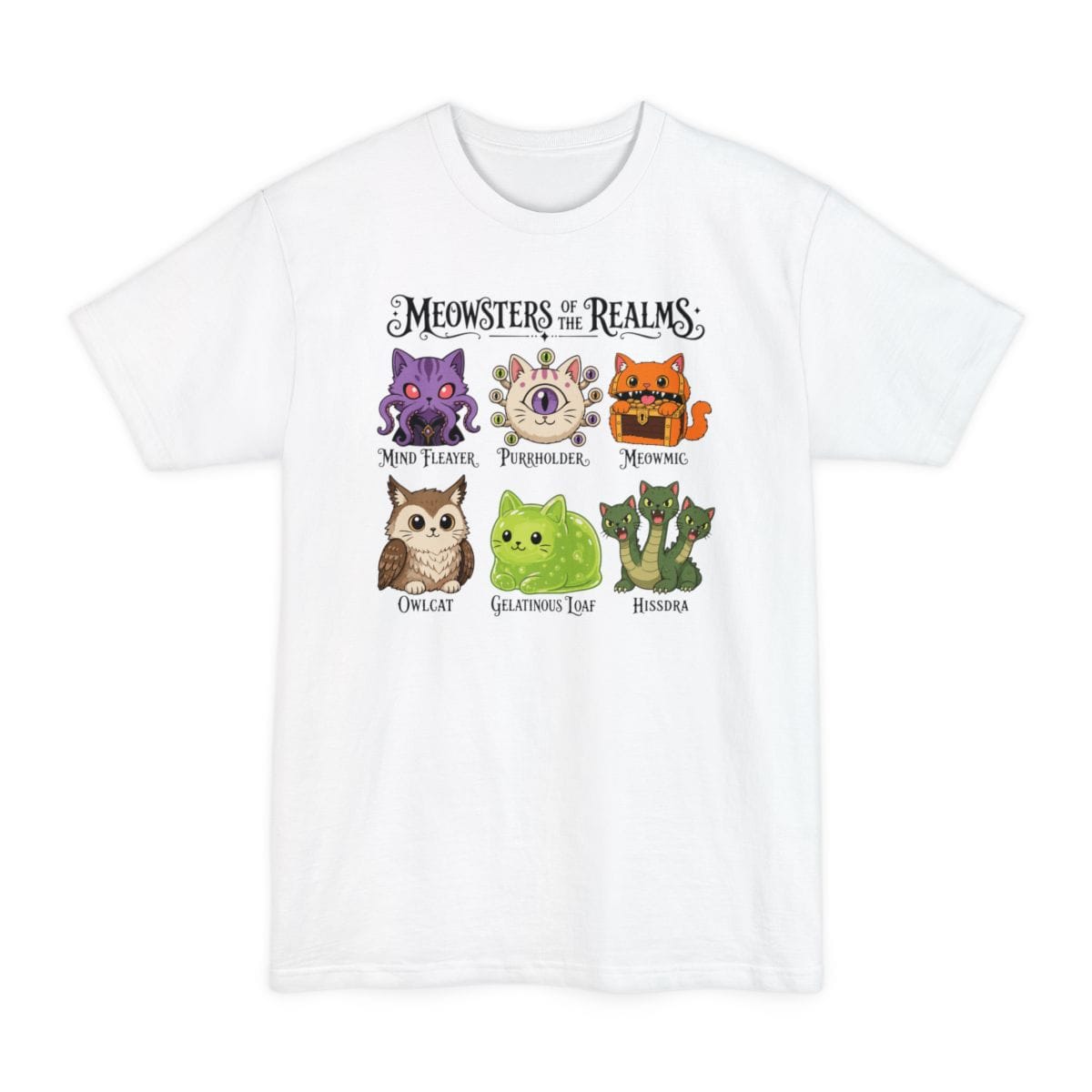 The same Meowsters of the Realms design, on a white tall t-shirt.