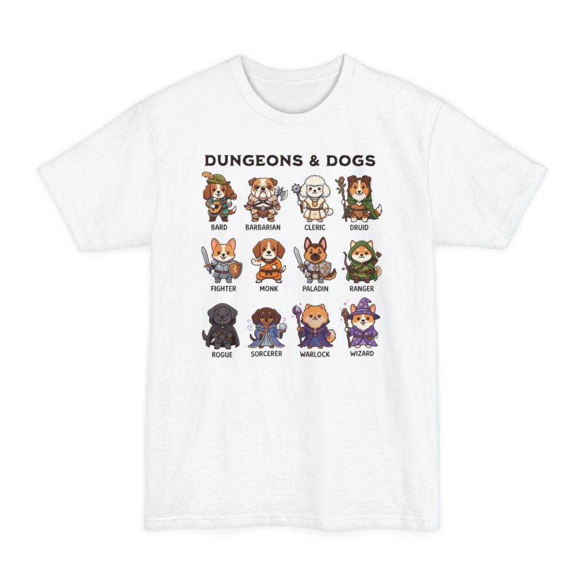 The same Dungeons and Dogs design, on a white tall t-shirt.
