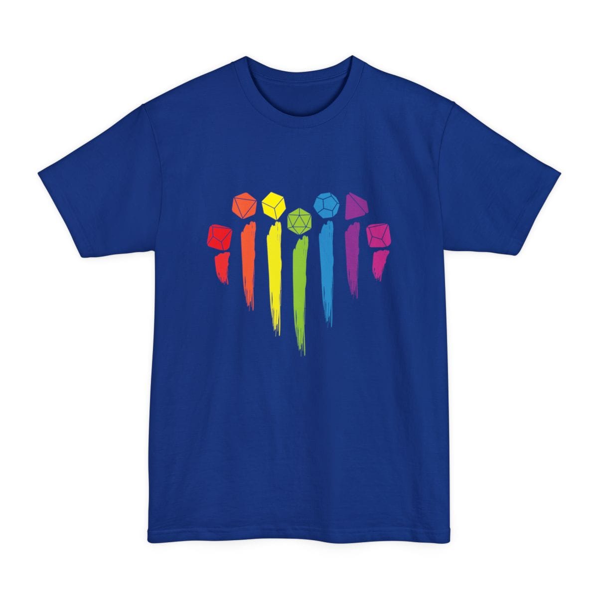 The same Pride dice rainbow design, on a deep royal tall t-shirt.