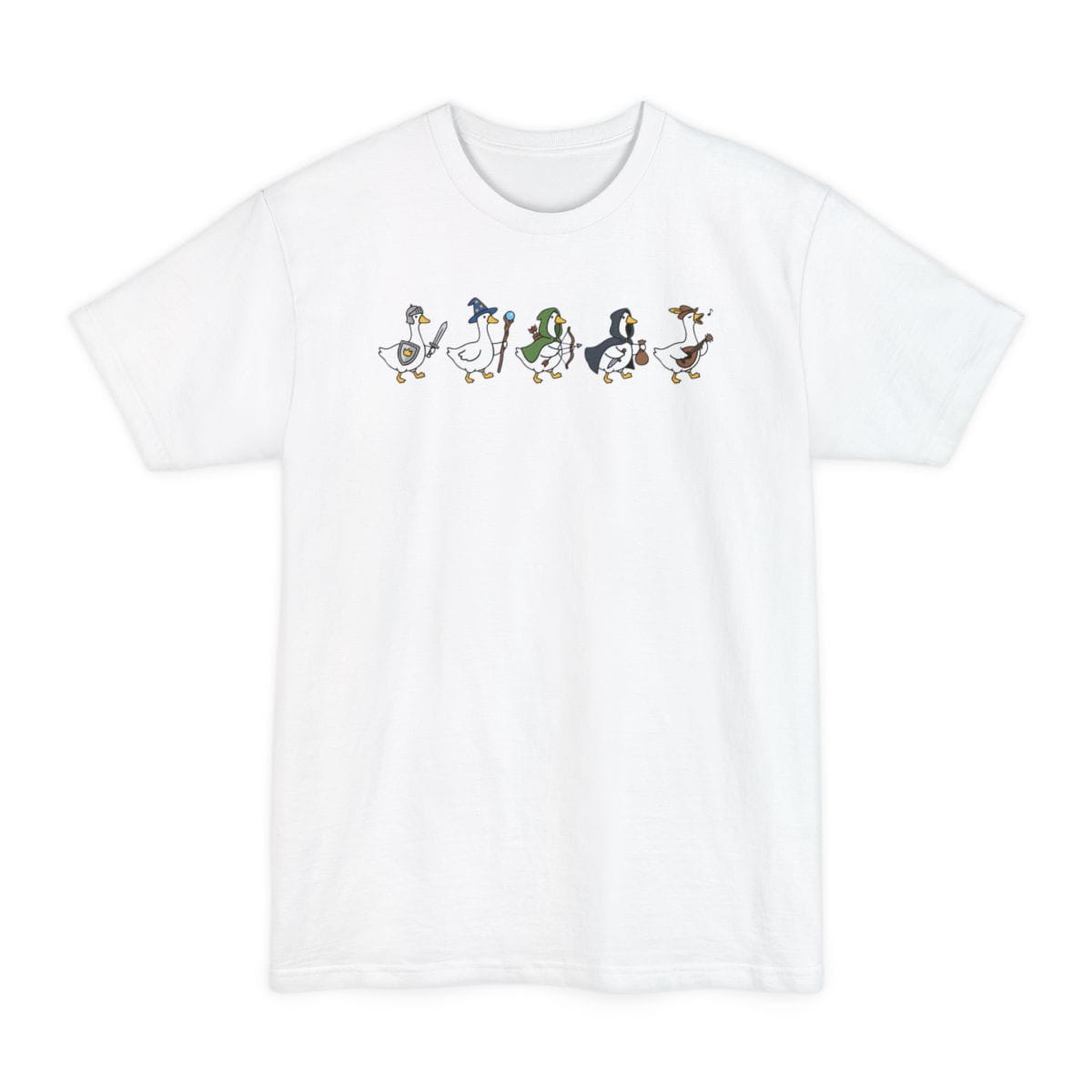 The same Silly Goose Adventurers design, on a white tall t-shirt.