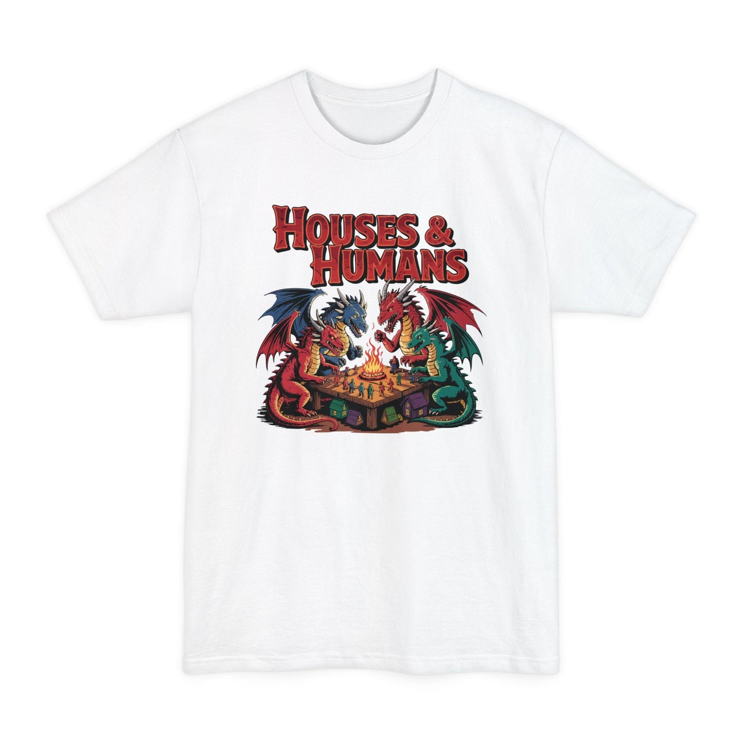 The same Houses and Humans dragons design, on a white tall t-shirt.