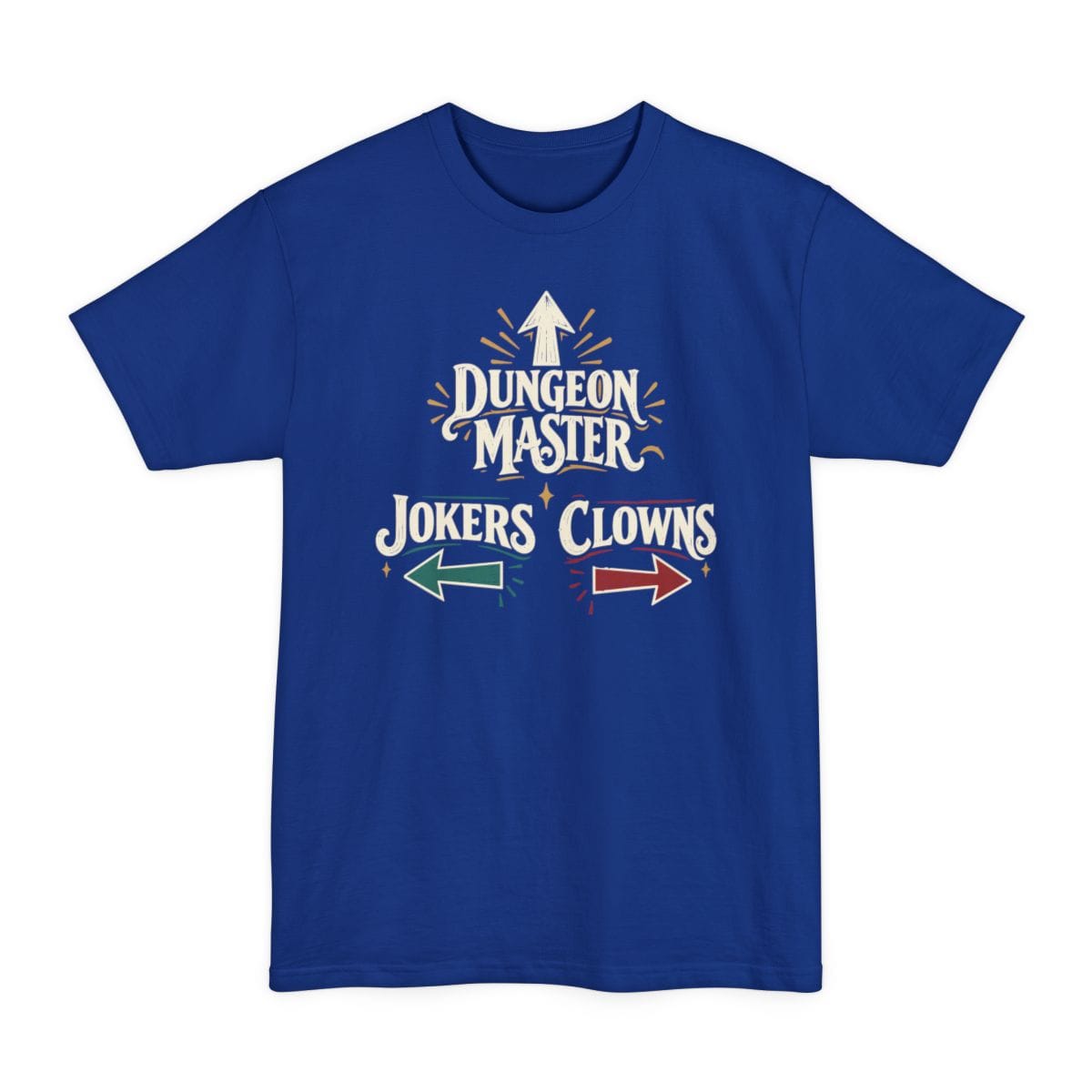 The same Dungeon Master Clowns and Jokers design, on a deep royal tall t-shirt.