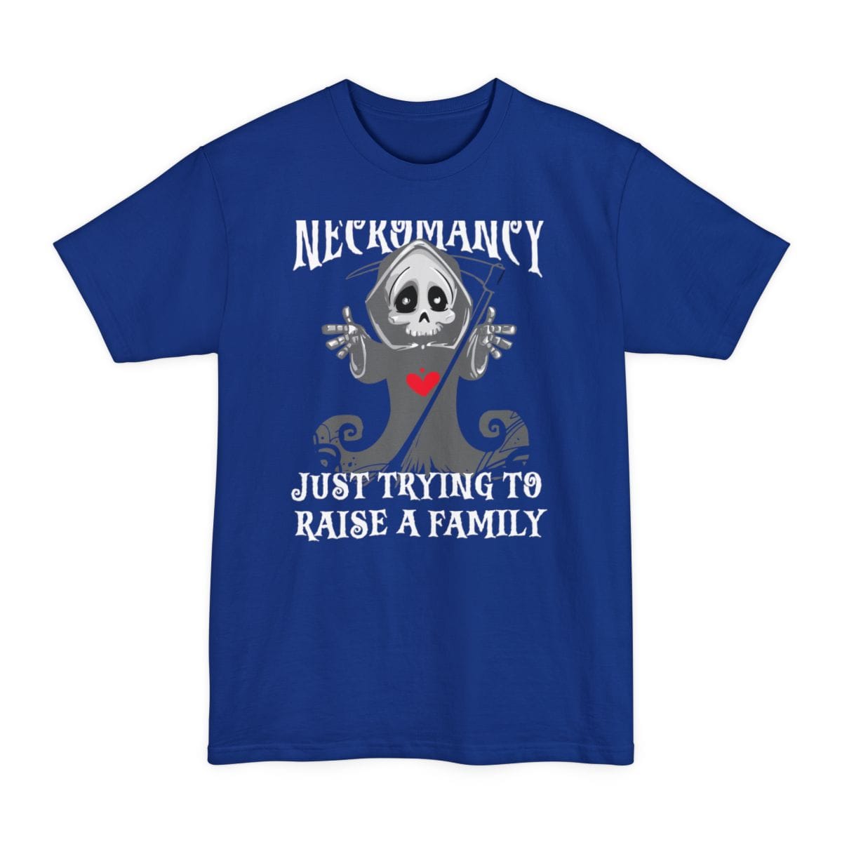 The same Necromancy reaper design, on a deep royal tall t-shirt.