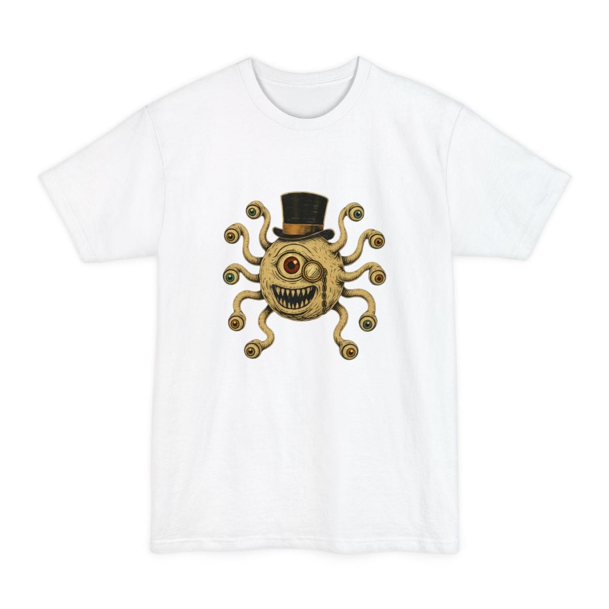 The same Dapper Beholder design, on a white tall t-shirt.