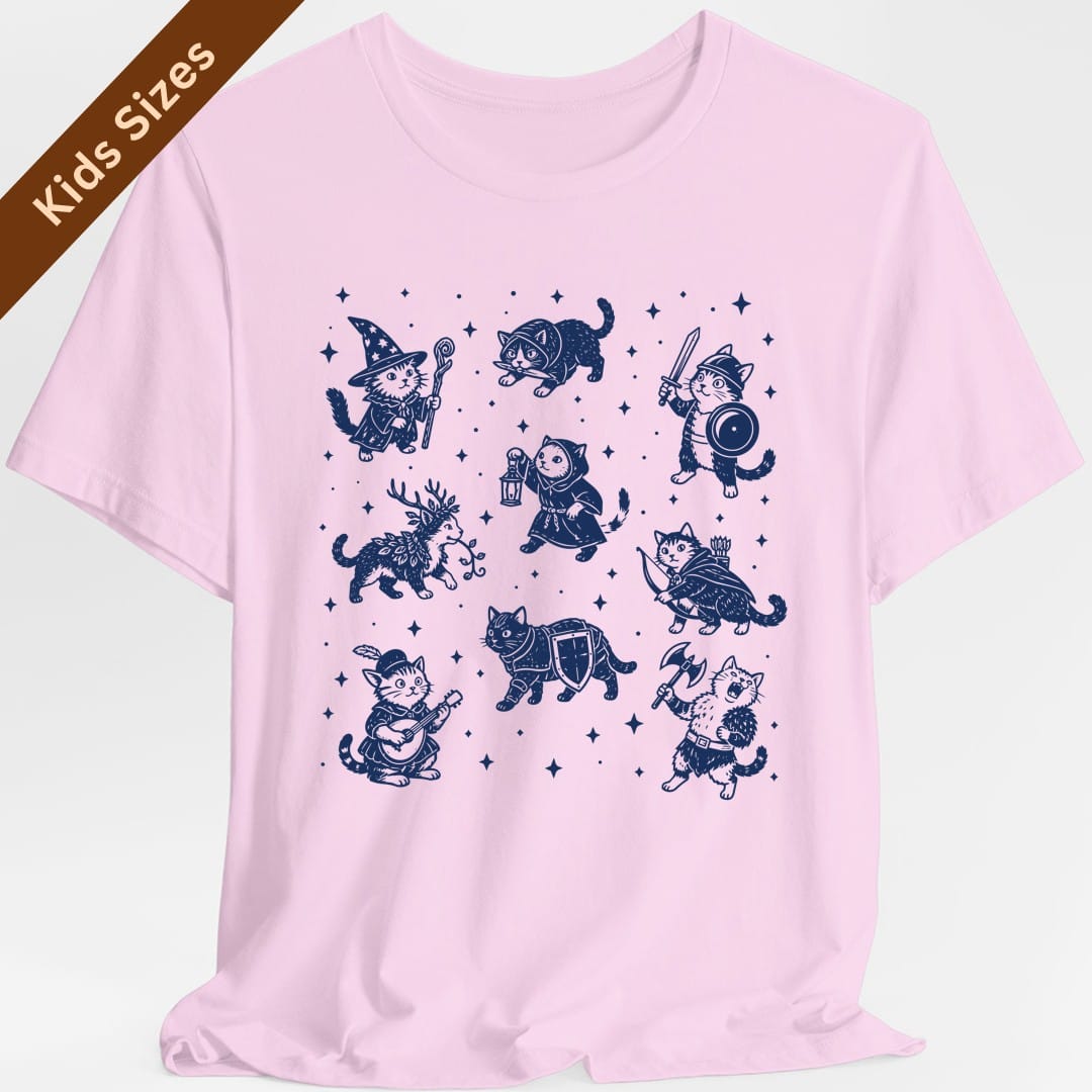 The same Adventurer Cats design, on a light pink kids t-shirt.