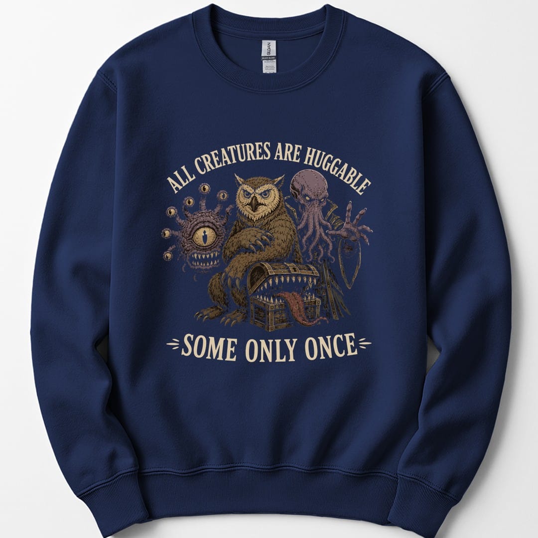 The same All Creatures Huggable design, on a navy sweatshirt.