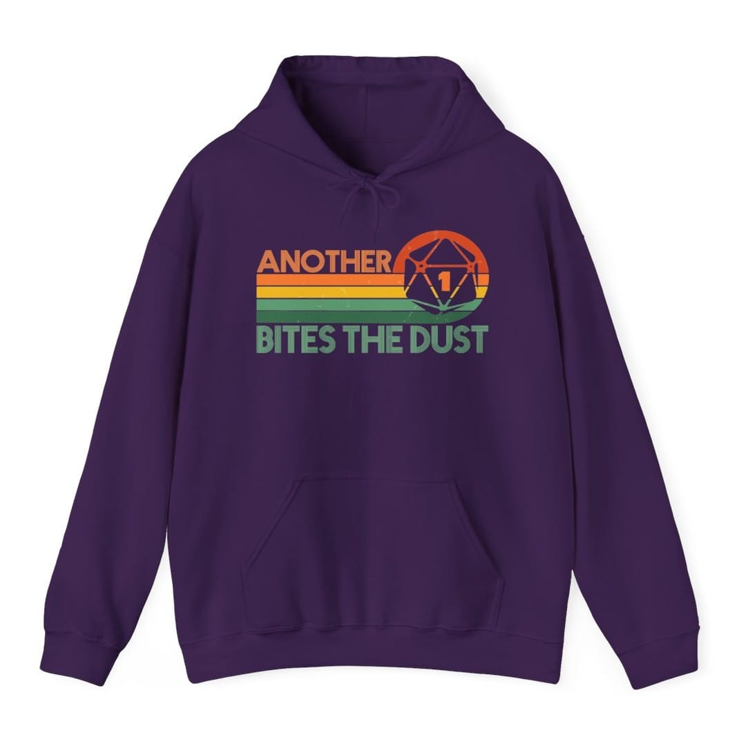 The same Another One Bites The Dust design, on a purple hoodie.