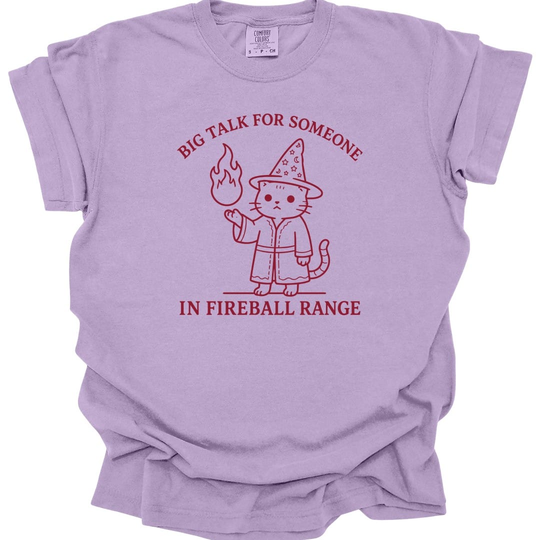 The same Big Talk for Someone in Fireball Range cat design, on an orchid t-shirt.