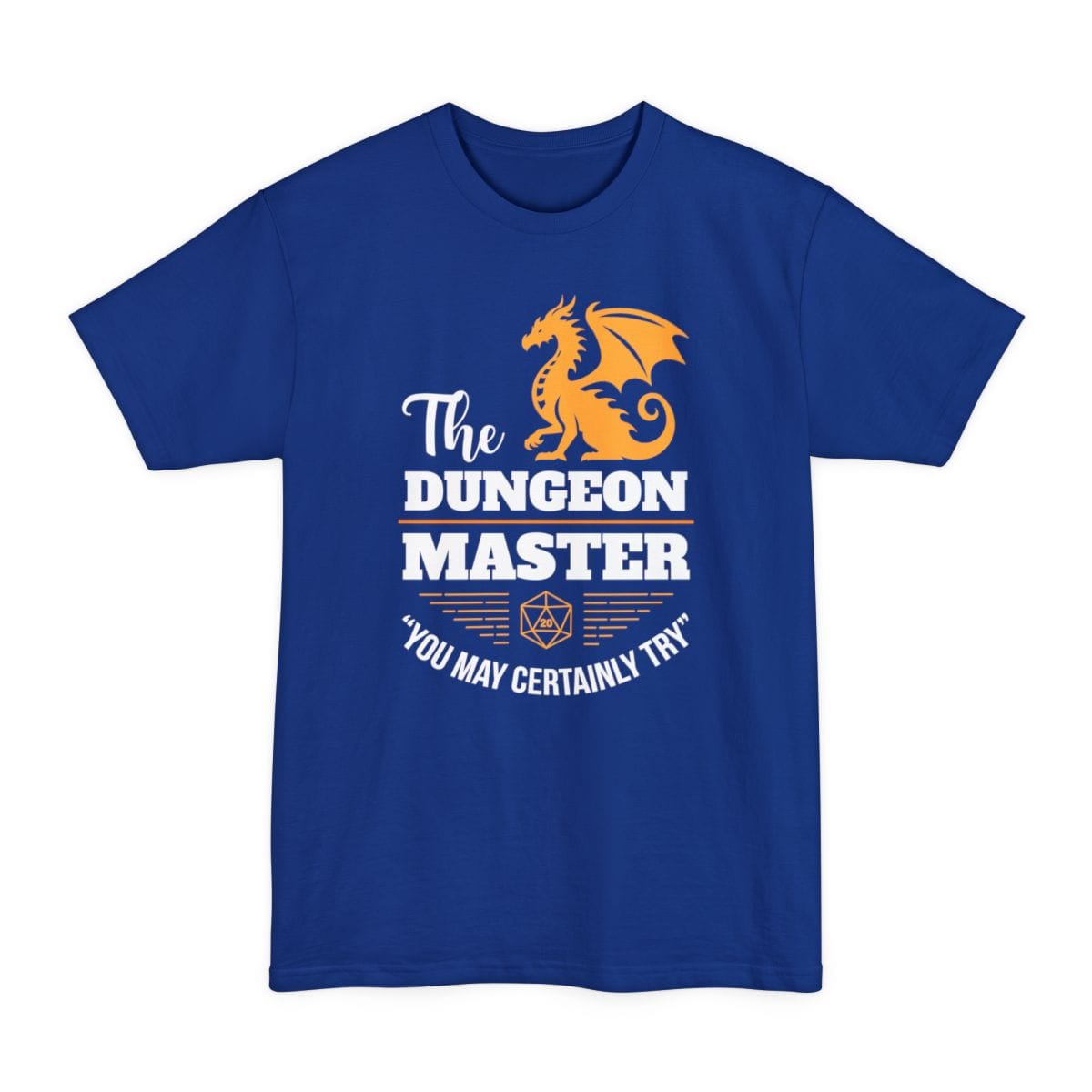 The same Dungeon Master dragon design, on a deep royal tall t-shirt.