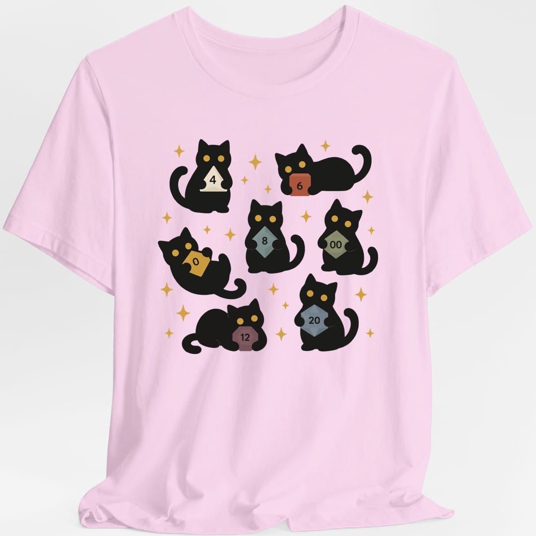 The same Cats with Dice design, on a light pink t-shirt.