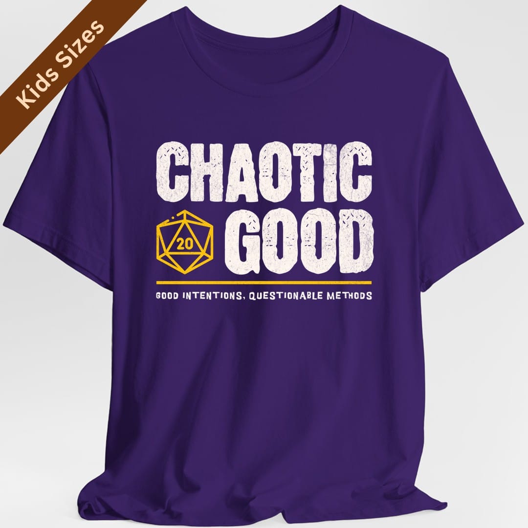 The same Chaotic Good design, on a purple kids t-shirt.