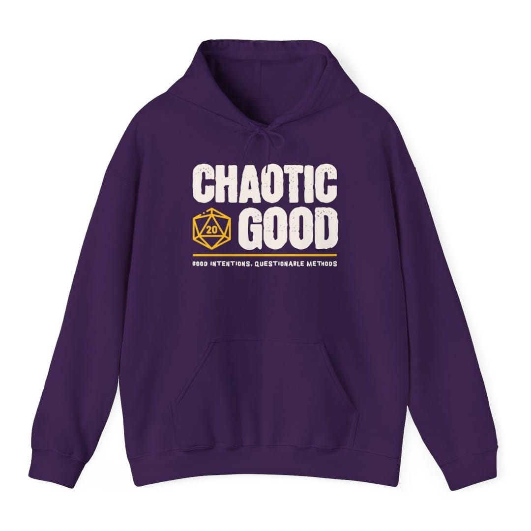The same Chaotic Good design, on a purple hoodie.