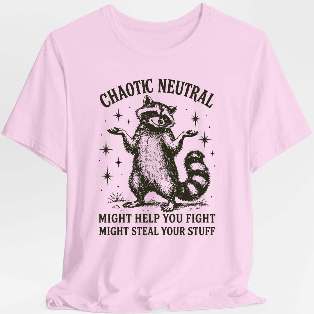 The same Chaotic Neutral raccoon design, on a light pink t-shirt.