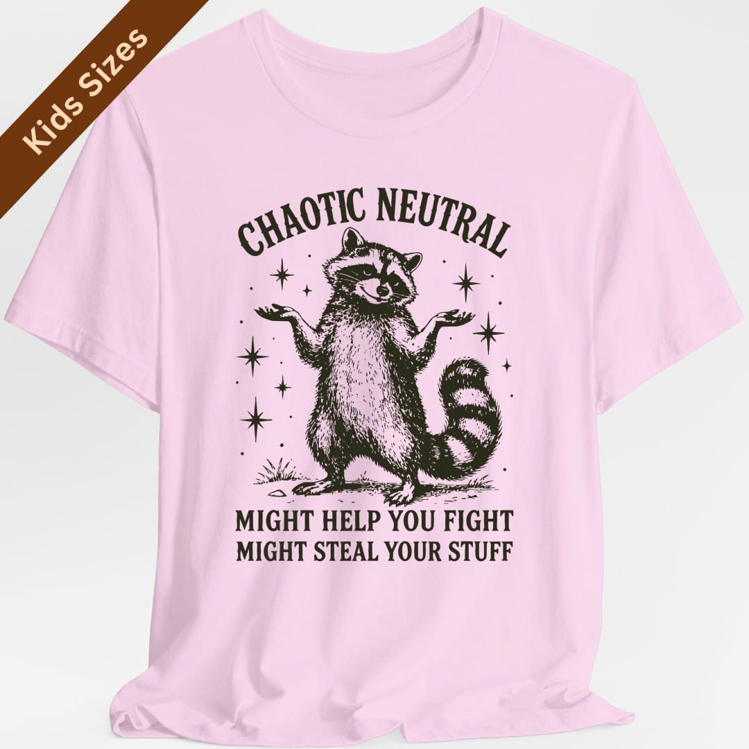 The same Chaotic Neutral raccoon design, on a light pink kids t-shirt.