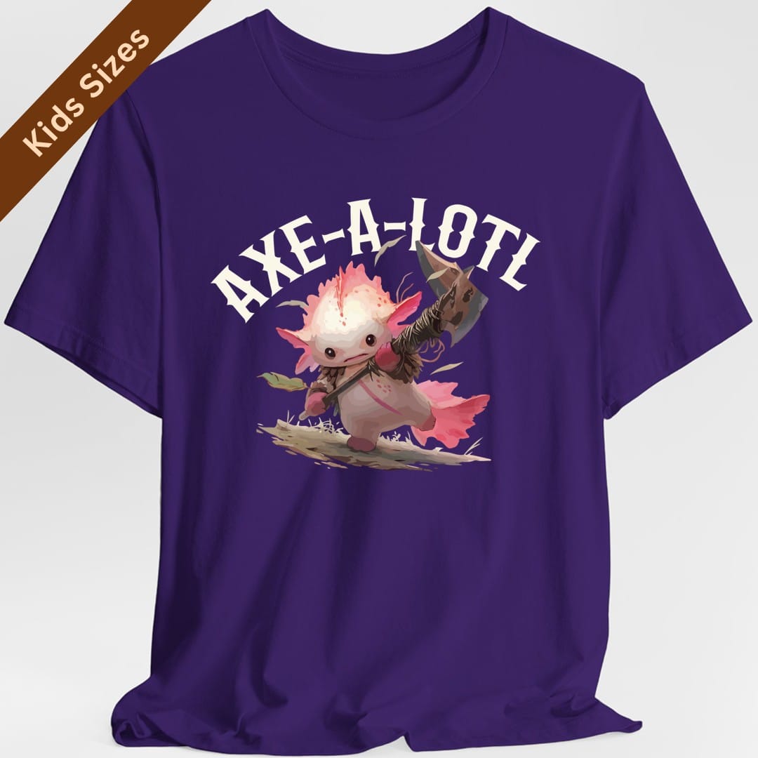 The same Axe-A-Lotl design, on a purple kids t-shirt.