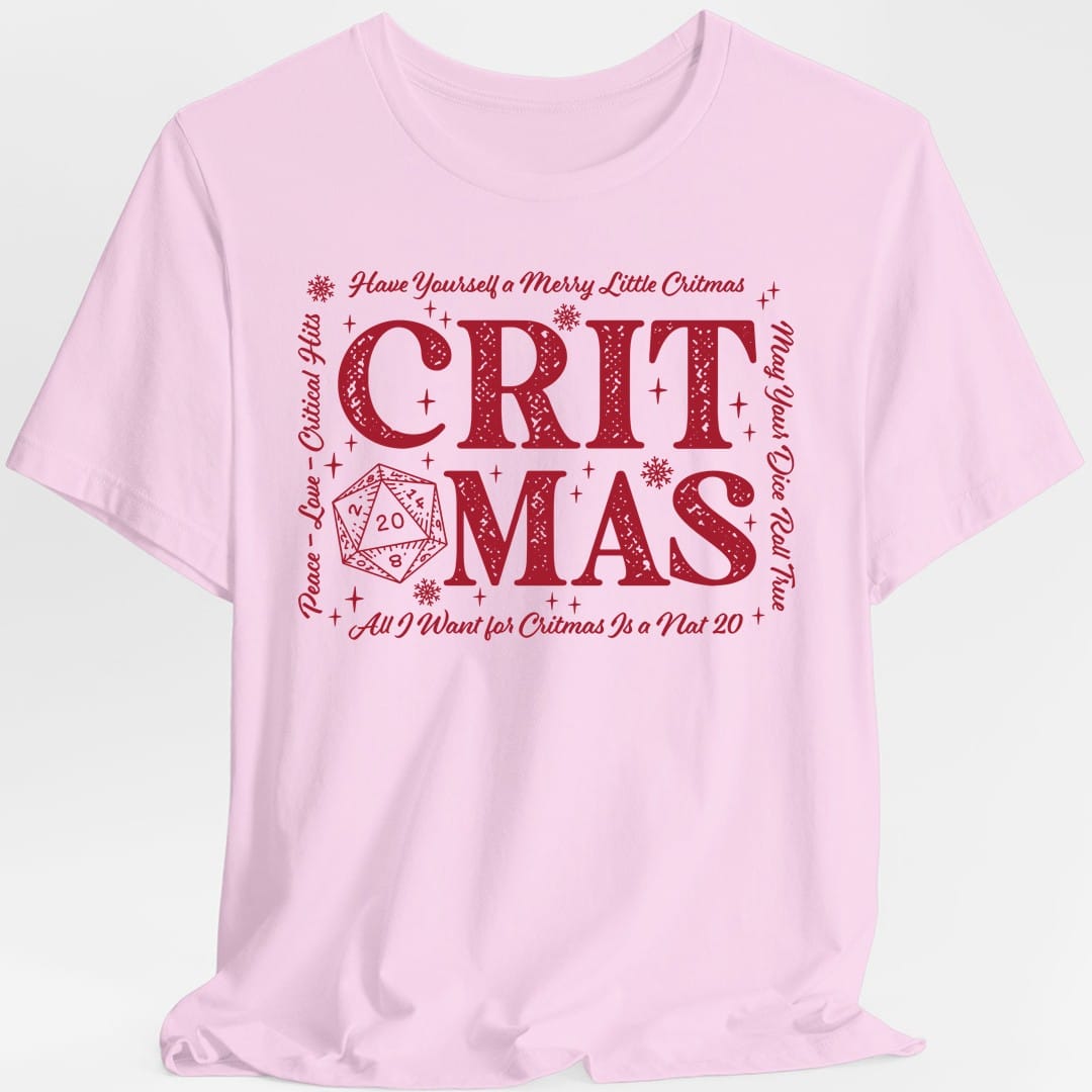 The same Critmas word art design, on a light pink t-shirt.