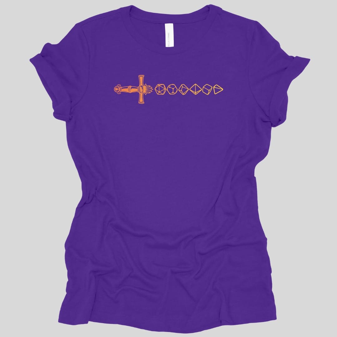 The same Dice sword line, orange design, on a team purple women's t-shirt.