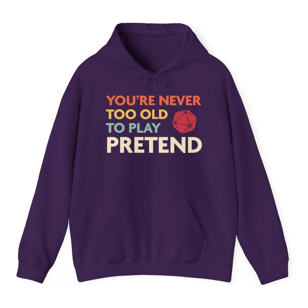 The same Never Too Old, colored lines design, on a purple hoodie.