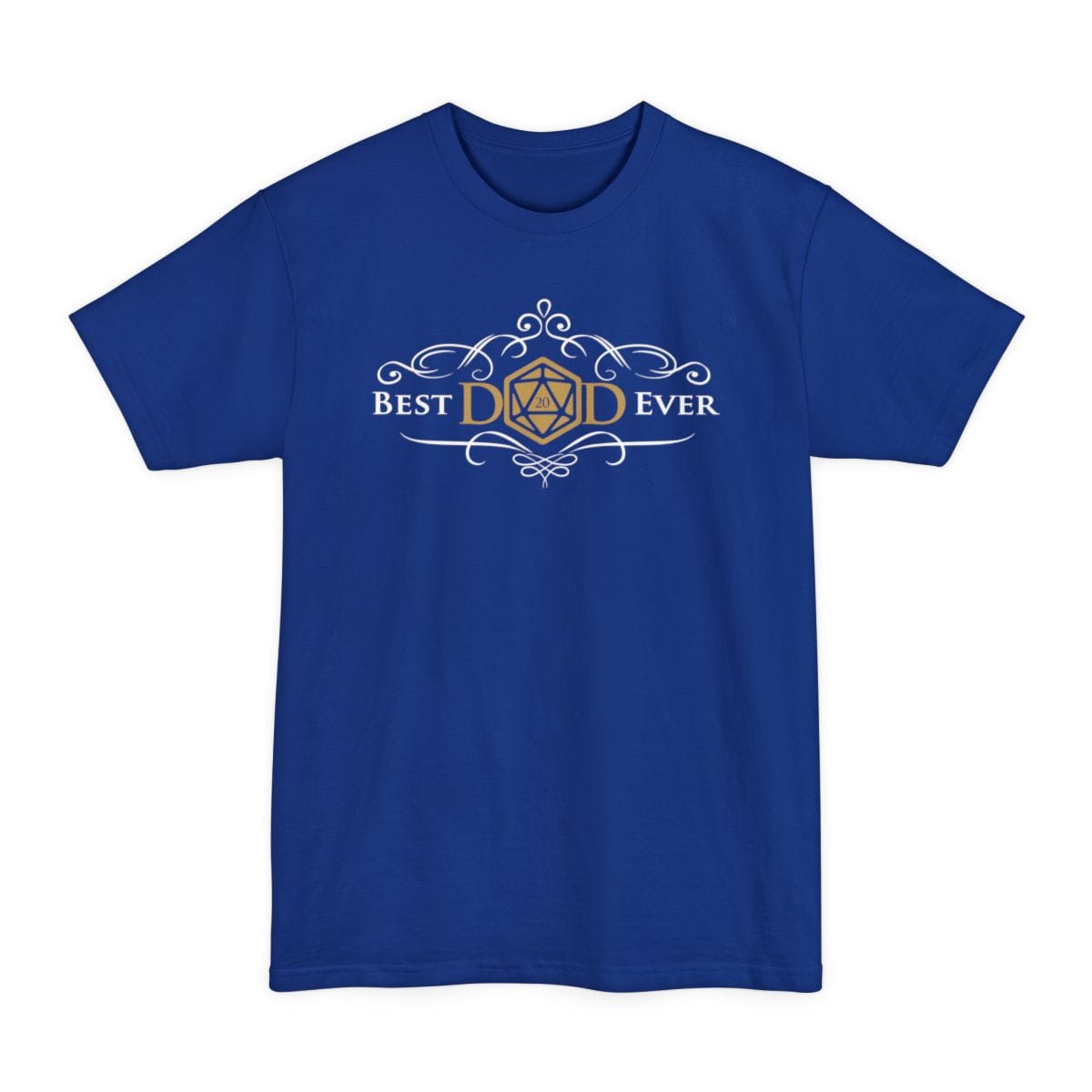 The same Best Dad Ever design, on a deep royal tall t-shirt.