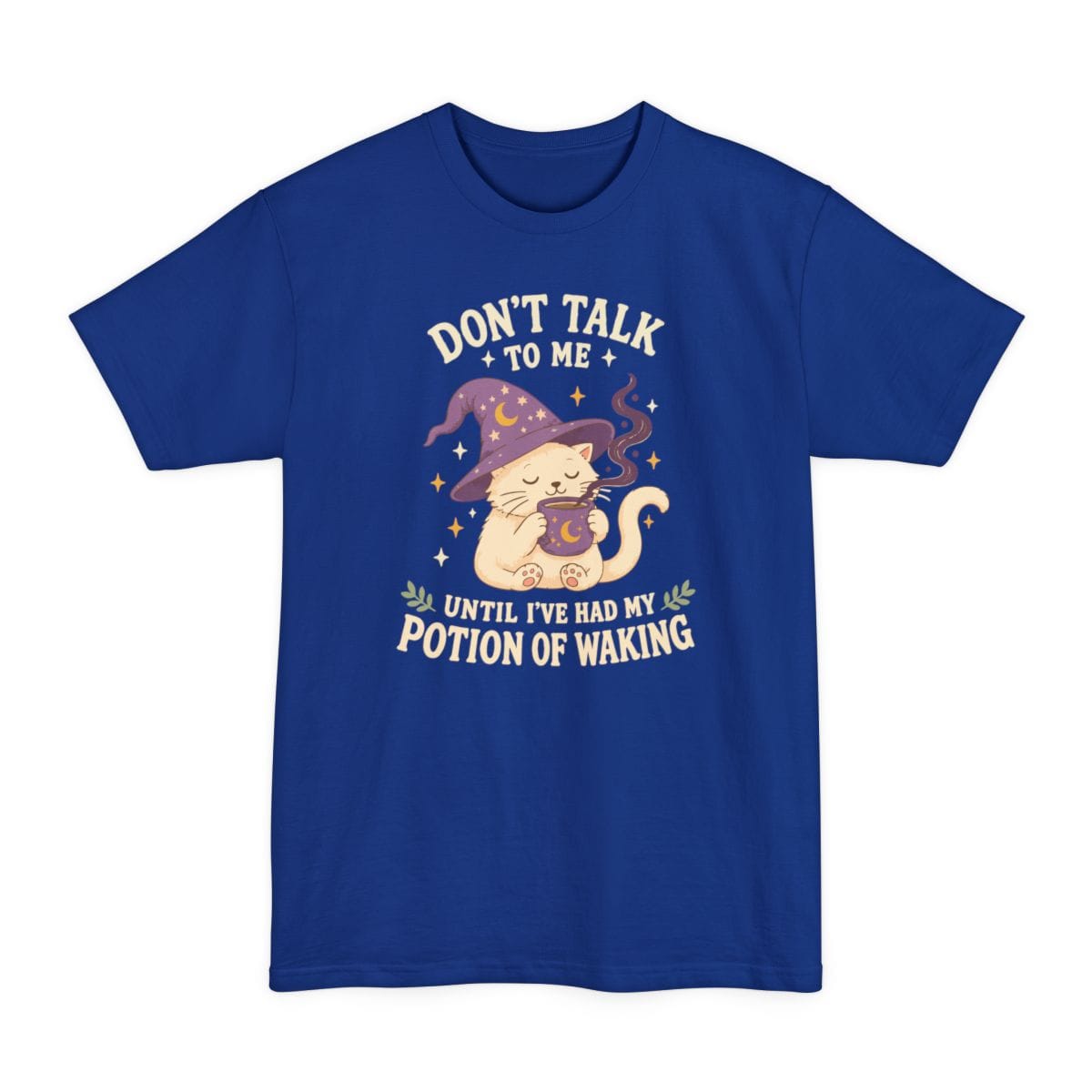 The same Potion Of Waking cat design, on a deep royal tall t-shirt.