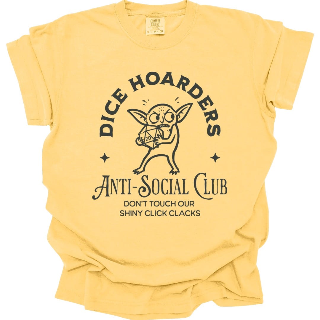 The same Dice Hoarders Anti-Social Club design, on a butter t-shirt.