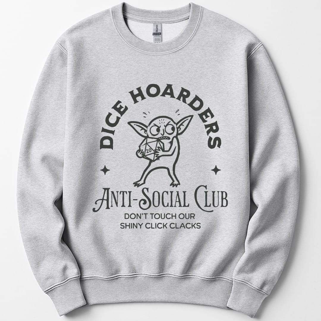 The same Dice Hoarders Anti-Social Club design, on an ash sweatshirt.