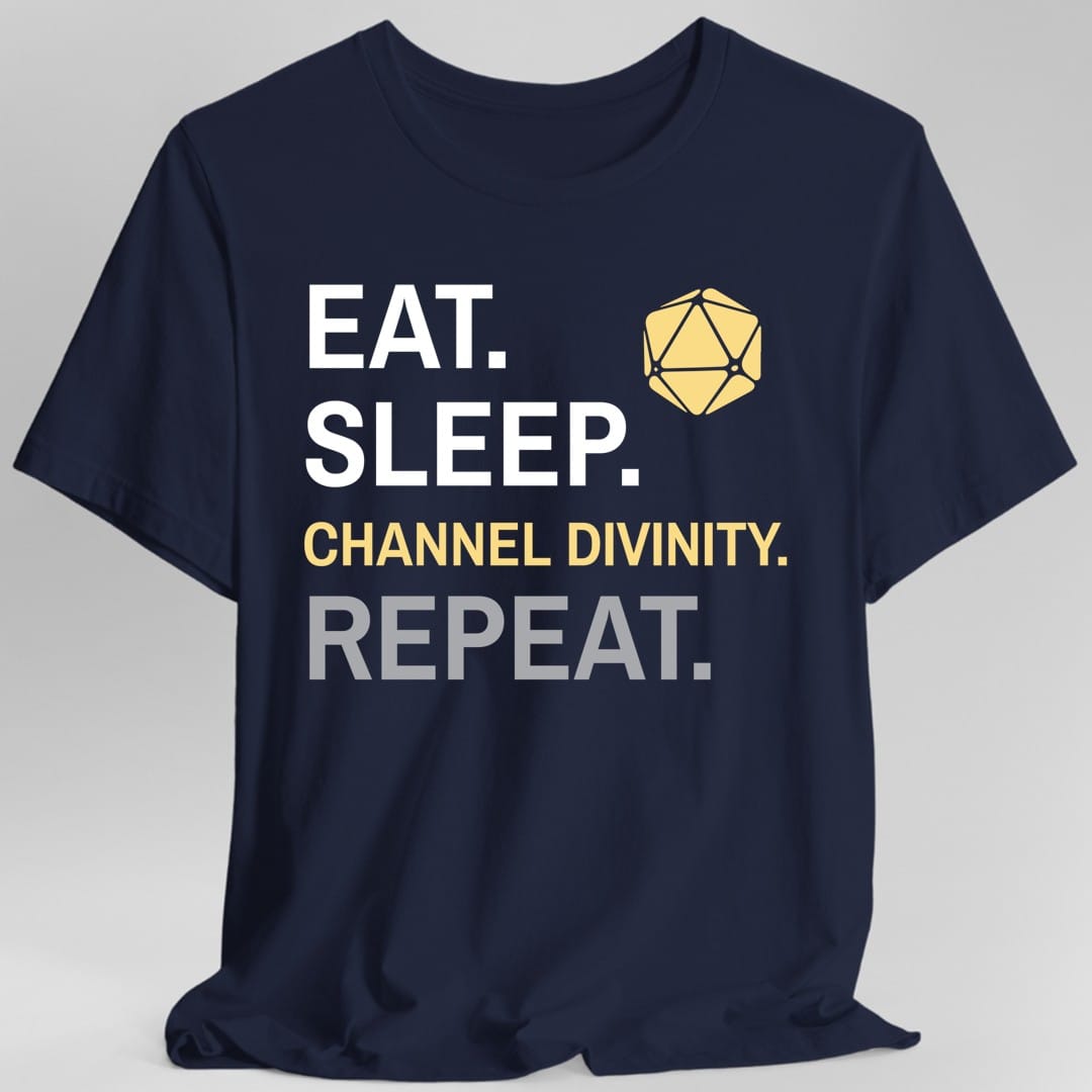 The same Cleric Eat Sleep Channel divinity design, on a navy t-shirt.