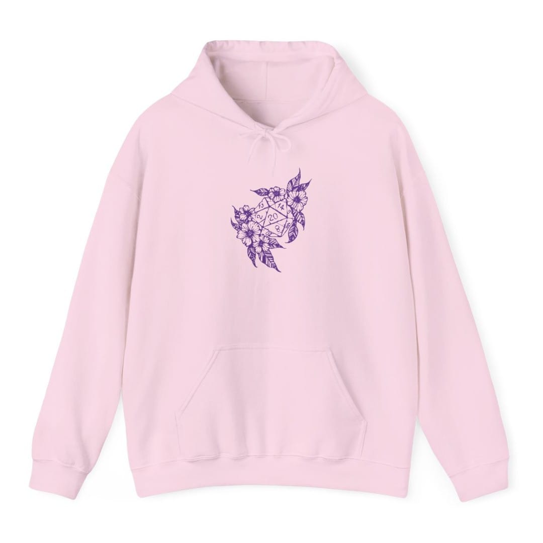 The same D20 Dice Flower design, on a light pink hoodie.