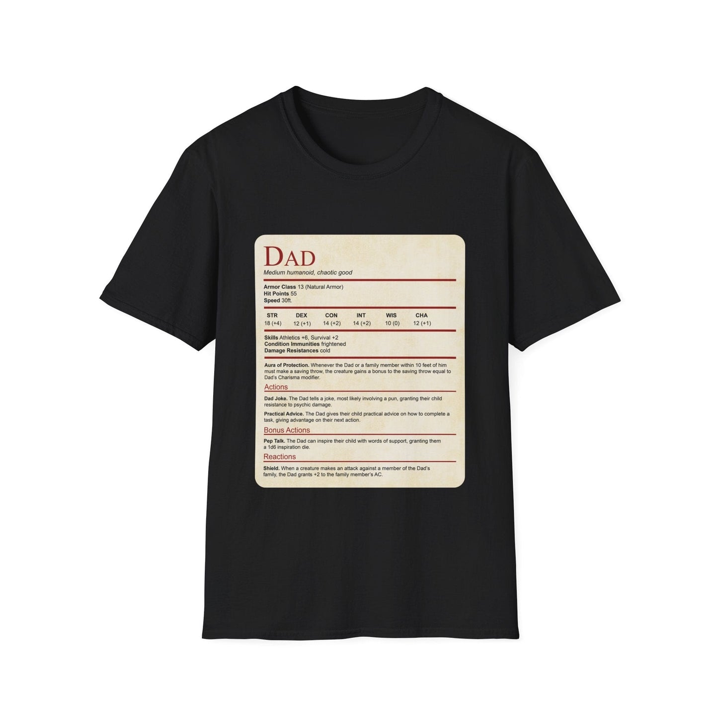 Printify T-Shirt Black / XS DnD Dad Shirt With Stat Block (new)