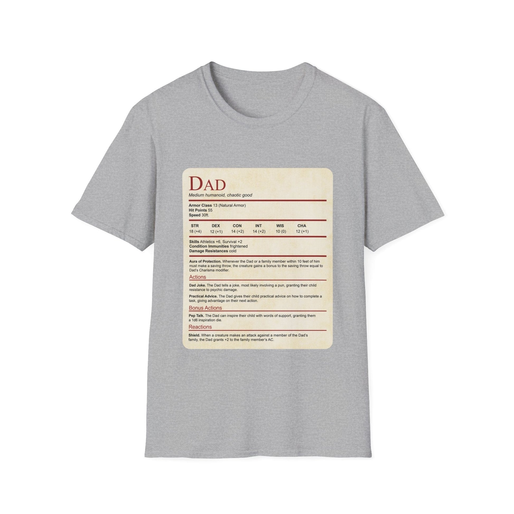 Printify T-Shirt Heather Grey / XS DnD Dad Shirt With Stat Block (new)