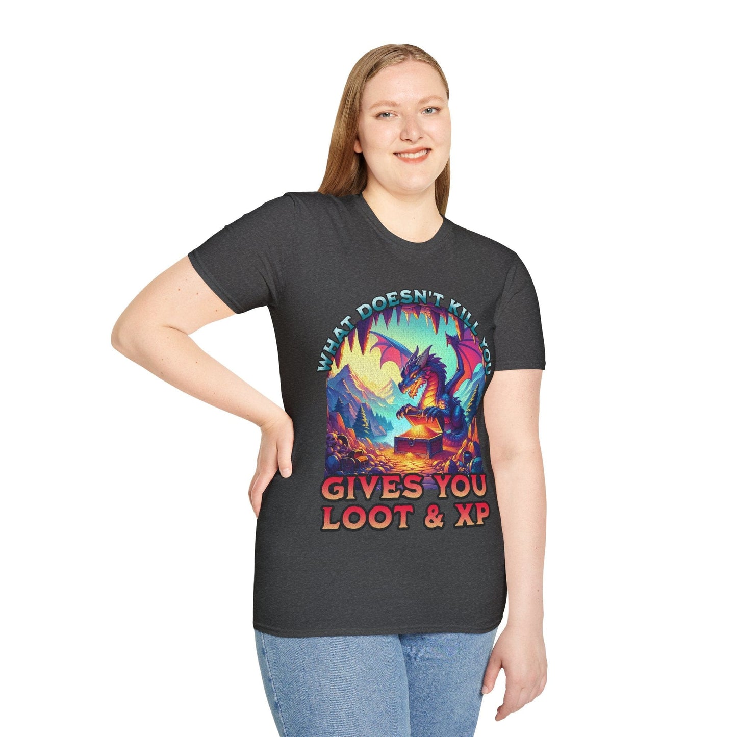 Printify T-Shirt DnD Dragon Shirt - What Doesn't Kill You Gives You Loot & XP