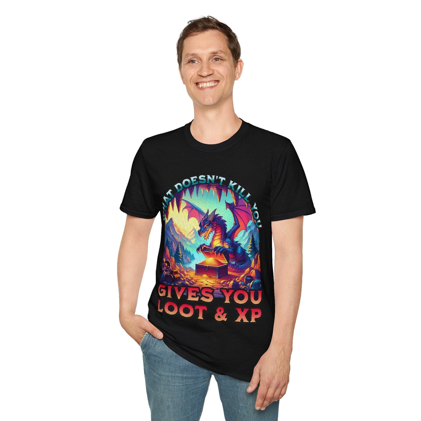 Printify T-Shirt DnD Dragon Shirt - What Doesn't Kill You Gives You Loot & XP