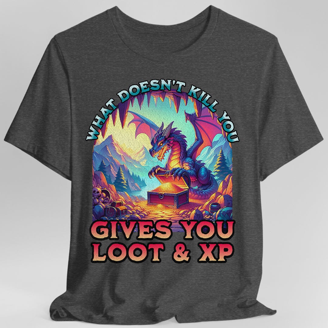 Printify T-Shirt Dark Heather / S DnD Dragon Shirt - What Doesn't Kill You Gives You Loot & XP