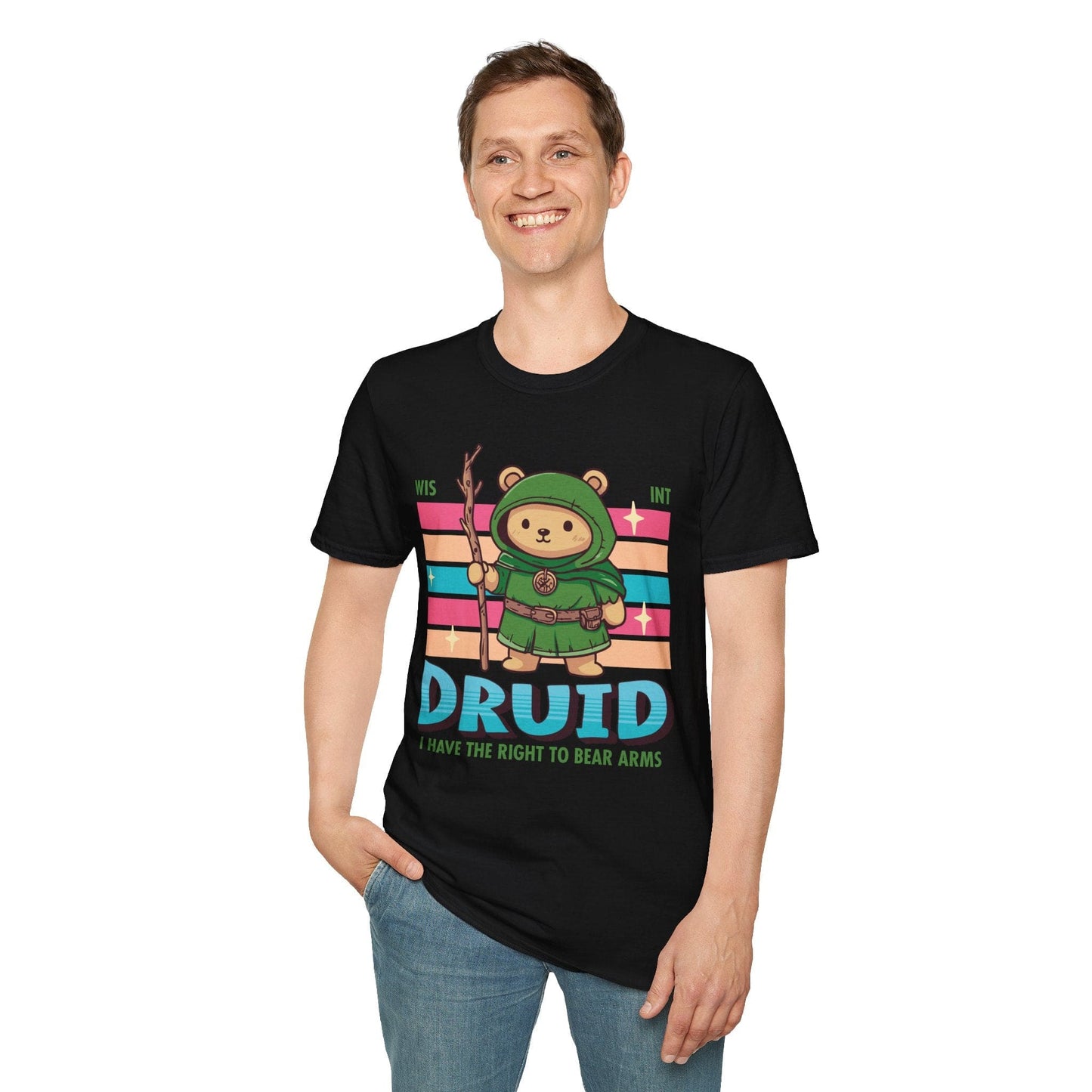 A model wearing the black Druid kawaii class shirt with jeans.