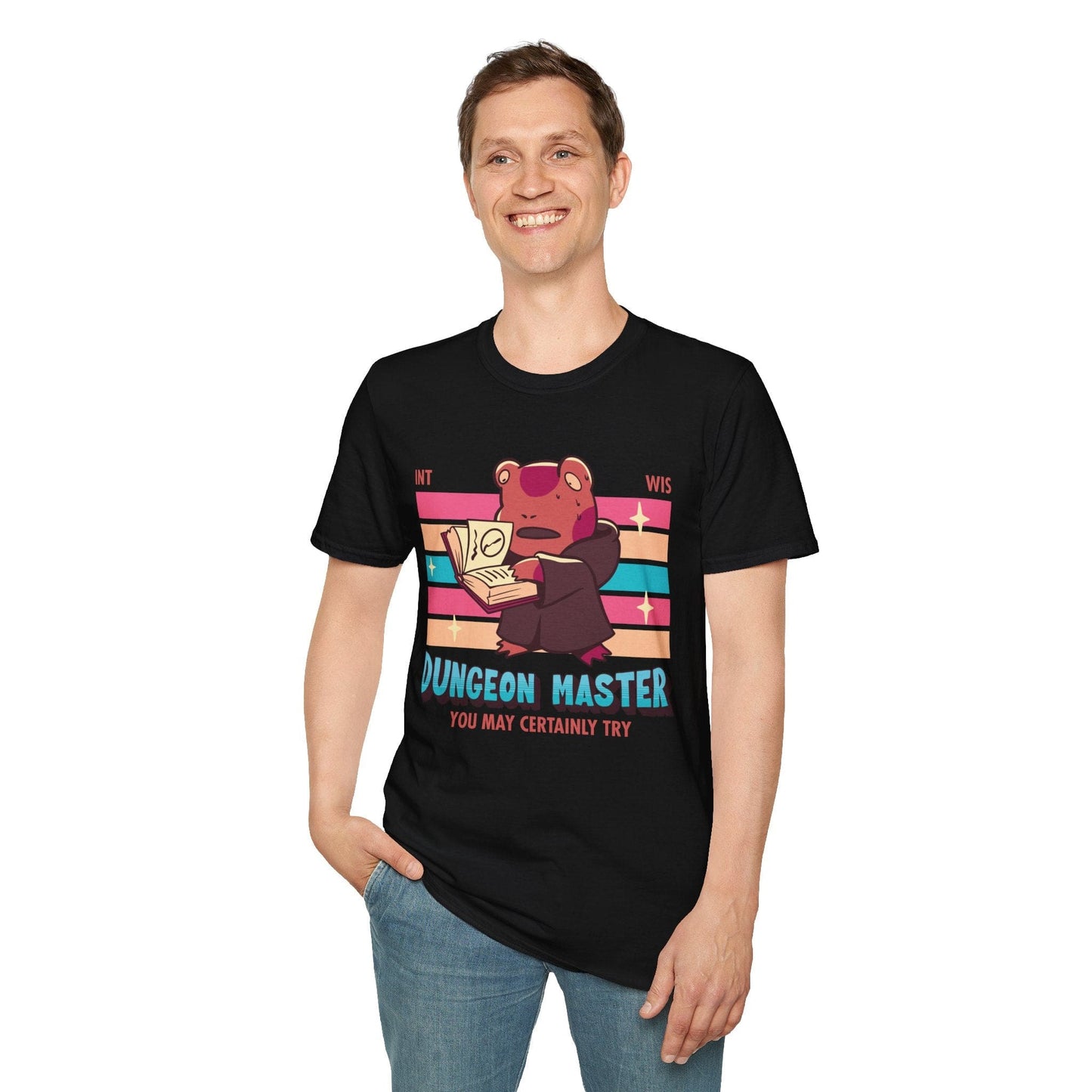 A model wearing the black Dungeon Master kawaii class shirt with jeans.