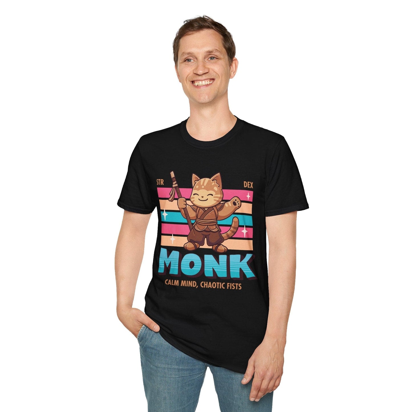 A model wearing the black Monk kawaii class shirt with jeans.