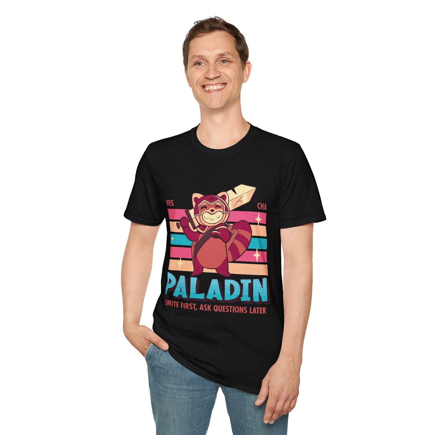 A model wearing the black Paladin kawaii class shirt with jeans.