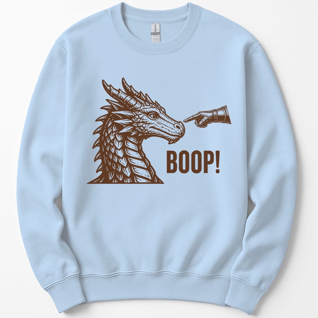 The same Dragon Boop design, on a light blue sweatshirt.