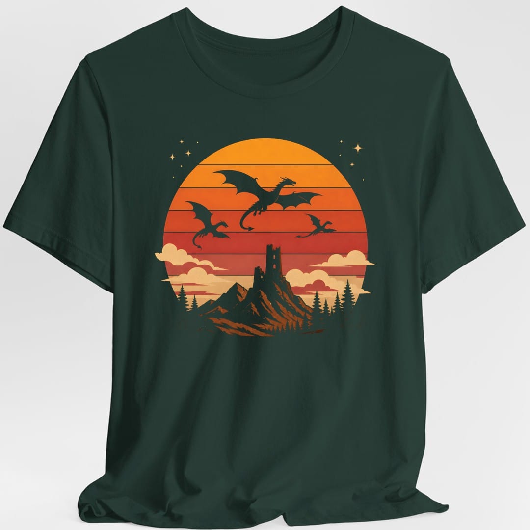 Printify T-Shirt Forest Green / S Dragon Castle Retro Sunset T-Shirt