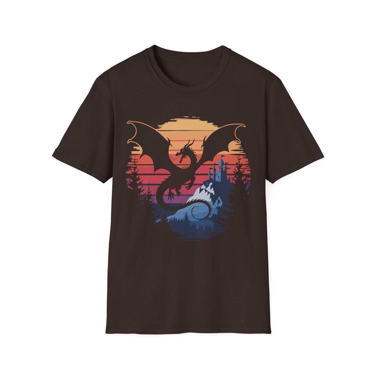 Printify T-Shirt Dark Chocolate / S Dragon T-shirt - Fantasy Landscape