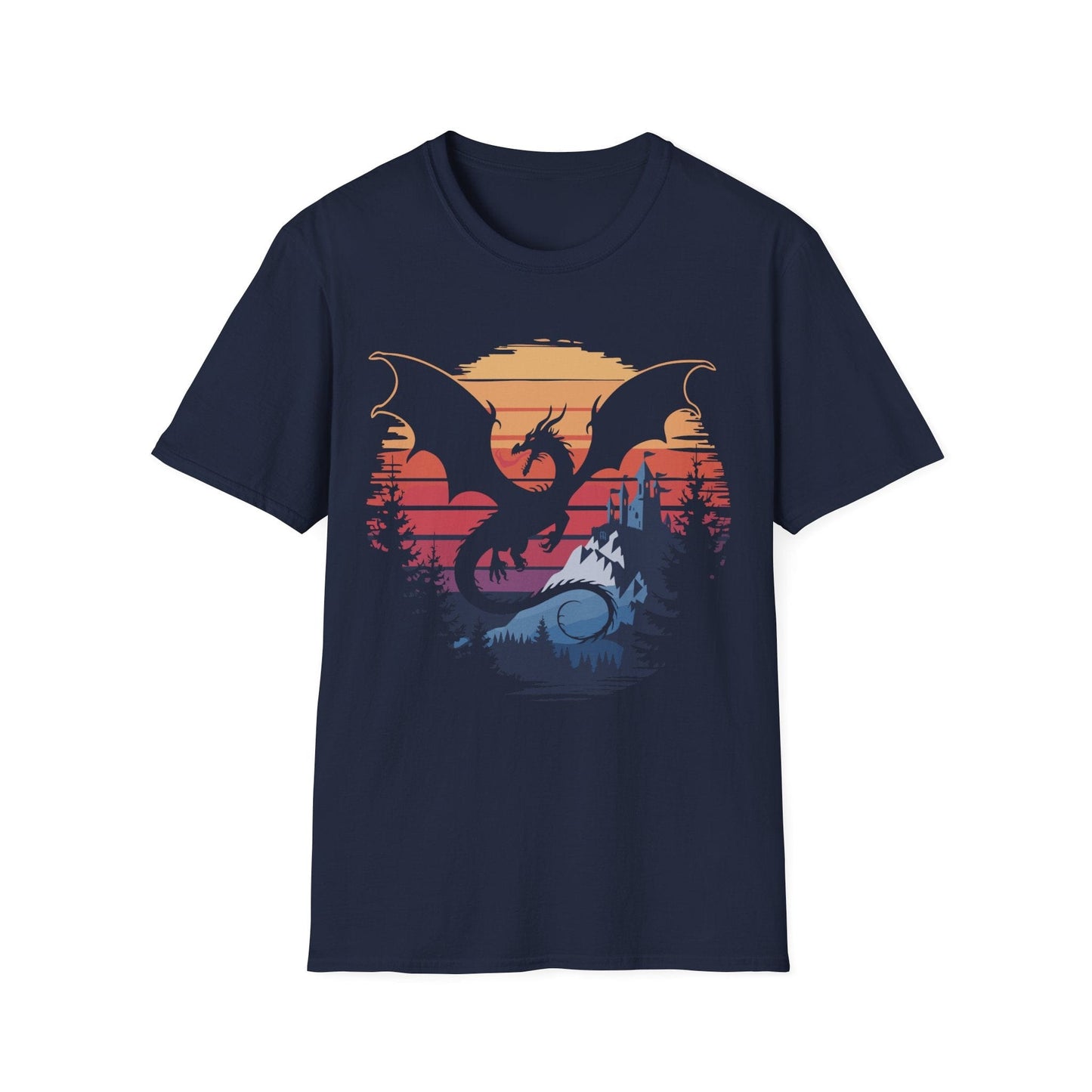 Printify T-Shirt Navy / S Dragon T-shirt - Fantasy Landscape