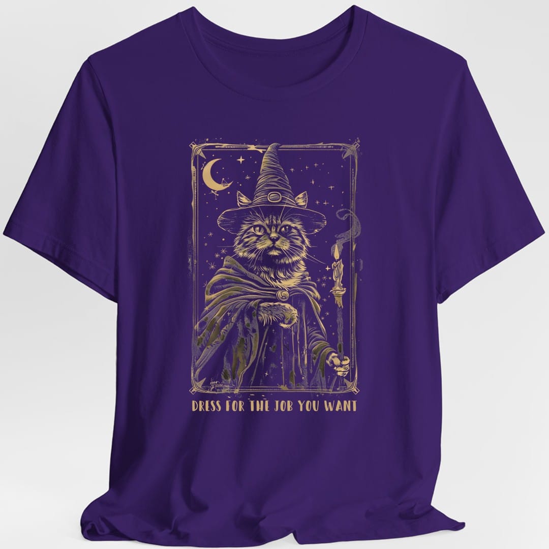 The same Dress For the Job You Want wizard cat design, on a purple t-shirt.