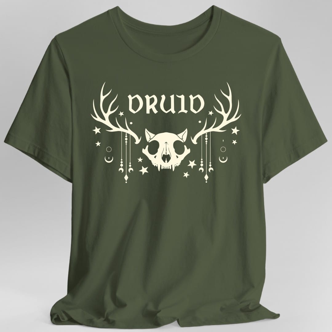 The same Druid skull design, on a military green t-shirt.